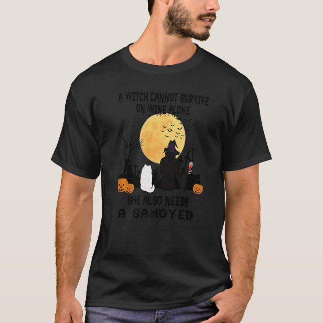 Witch Vin och Samoyed Hund Halloween Costume T Shirt (Framsida)
