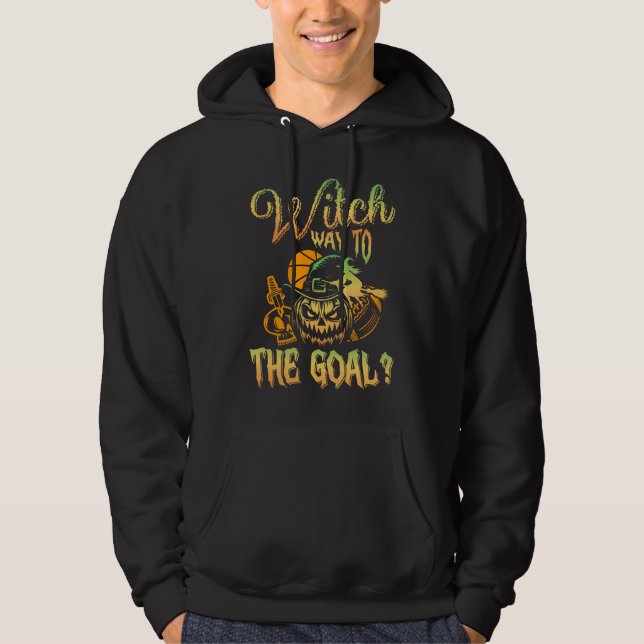 Witch Way To The Goal Sports Halloween Hoodie (Framsida)