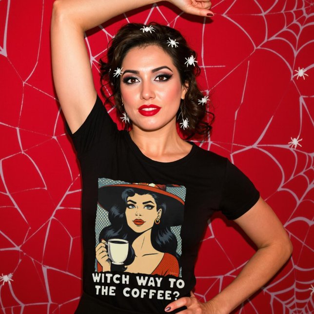 Witch Way Way to Coffee Halloween Barista Pop Art T Shirt (Witch Way to the Coffee Halloween Barista Pop Art T-Shirt.)