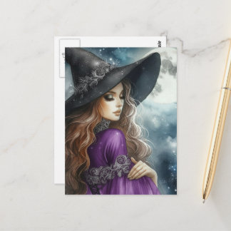 Witch Wearing Black and Purple and a Full Moon Vykort