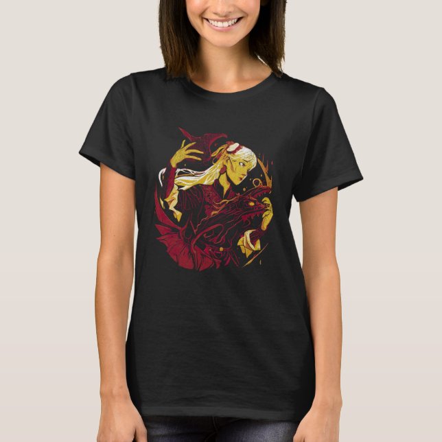 Witch with a dragon Fantasy creature Wiccan Wicca  T Shirt (Framsida)