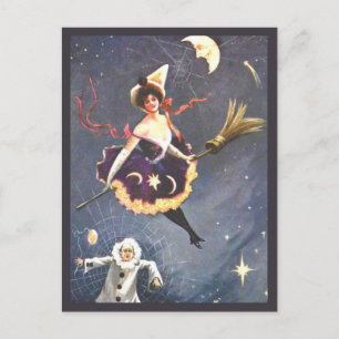 Witch with Clown and Spindelnät Vintage Halloween Vykort
