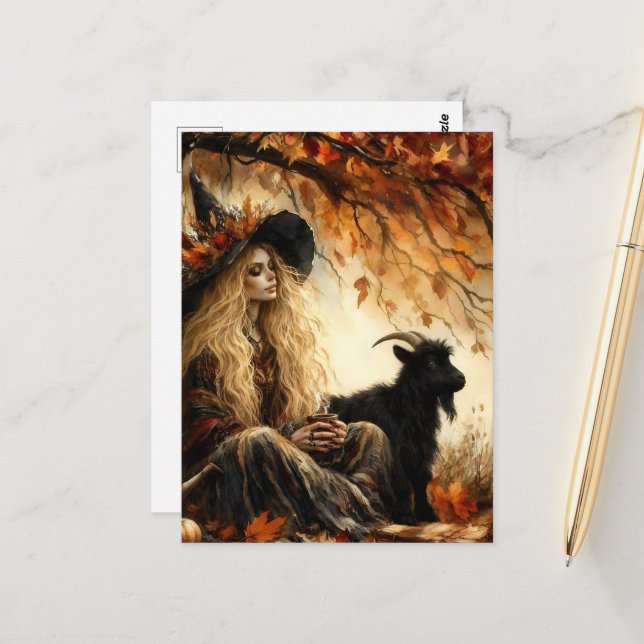 Witch With Coffee and Her Pet Black Goat in Autumn Vykort (Fram/Back In Situ)