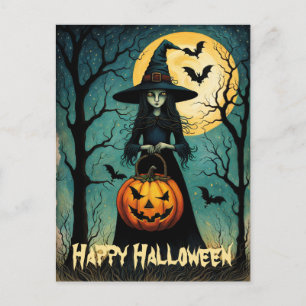 Witch with Creepy Pumpkin Lantern Halloween Vykort
