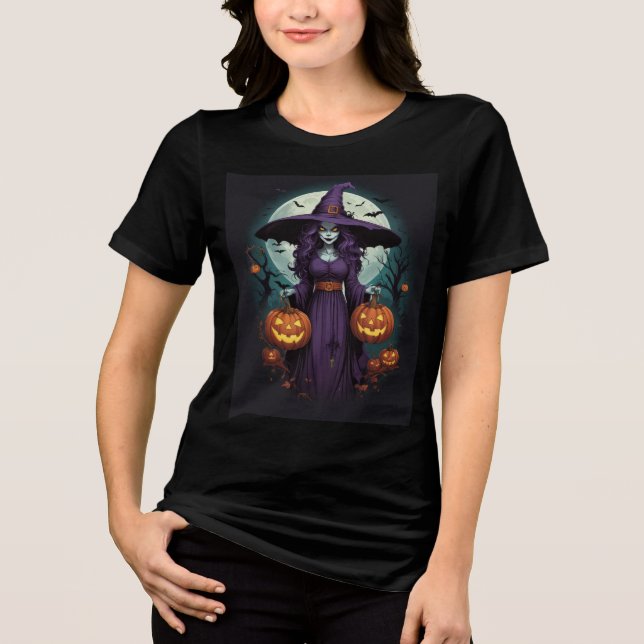 Witch with Pumpkins & Full Moon Art T Shirt (Framsida)