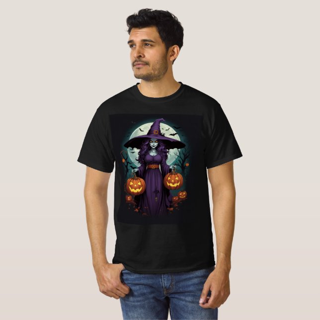 Witch with Pumpkins & Full Moon Art T Shirt (Hel framsida)