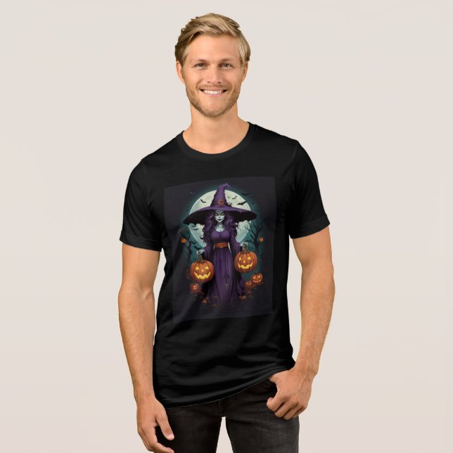 Witch with Pumpkins & Full Moon Art T Shirt (Framsida Full)