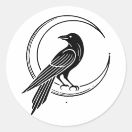Witchcore Black Raven & Måne Line Art Runt Klistermärke