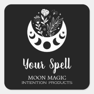 Witchcraft Måne Flowers Black Burk Stickers Fyrkantigt Klistermärke