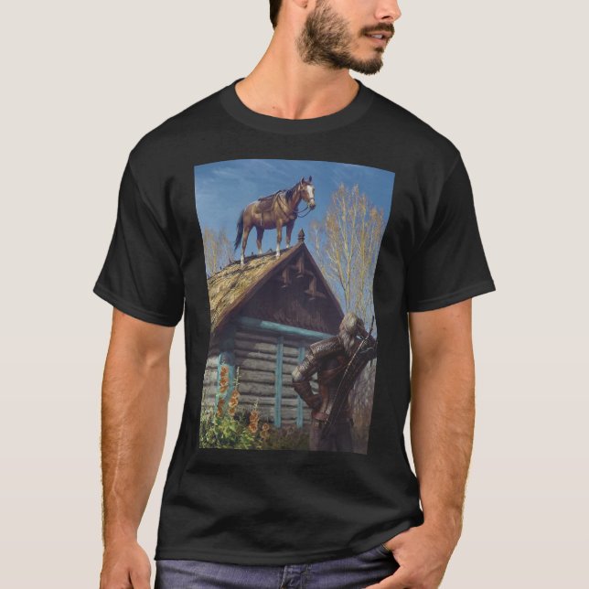 Witcher 3 Roach Graphic, Roach på tak Poster T Shirt (Framsida)