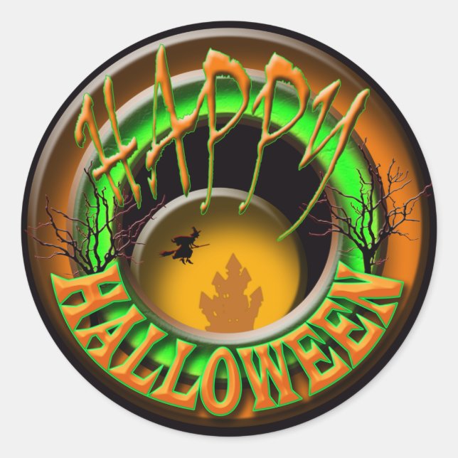 Witches castle Halloween hälsning Runt Klistermärke (Framsida)