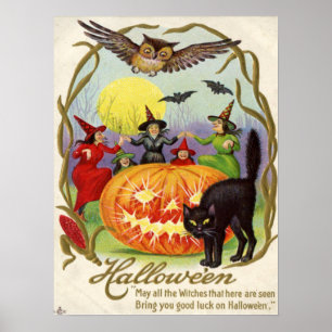 Witches Dancing Around Jack O'Lantern Poster