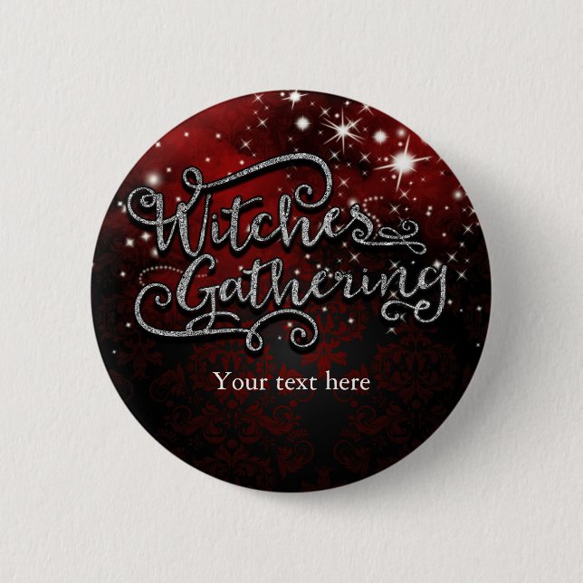 Witches Gathering Red & Black Damask Halloween Knapp (Framsida)