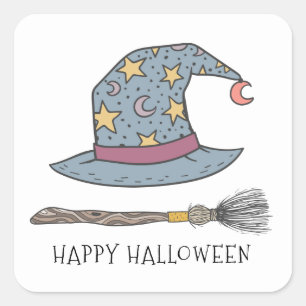Witches Hat Broom stick Halloween Fyrkantigt Klistermärke