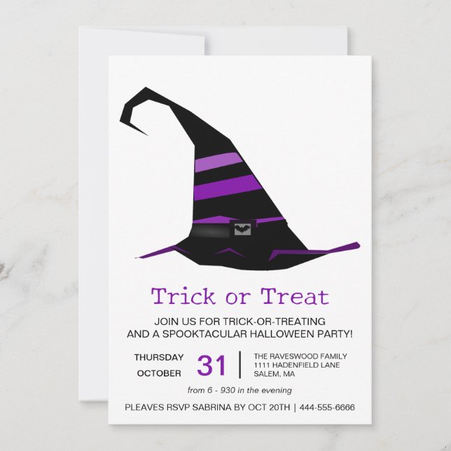 Witches Hat Bus eller godis Halloween fest Inbjudningar (Framsida)