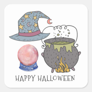 Witches Hat Cauldron Crystal Boll Halloween Fyrkantigt Klistermärke