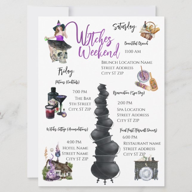 Witches Helg Bachelorette Party Itinerary Card (Framsida)