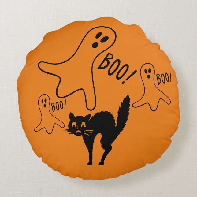 Witches & Måne & Cat & Pumpkin & Spöken Pillow Rund Kudde (Baksidan)
