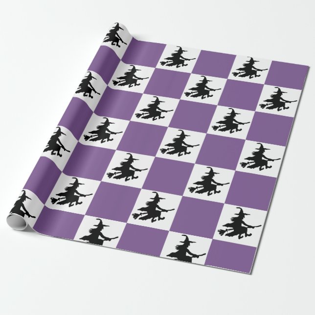 Witches on Purple & White Checkered Wrapping Paper Presentpapper (Utrullad)