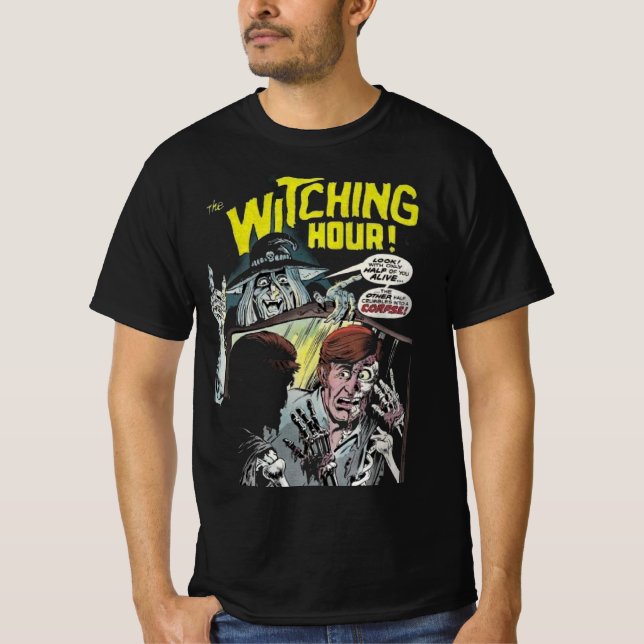 Witching Hour Comic Horror Halloween T Shirt (Framsida)