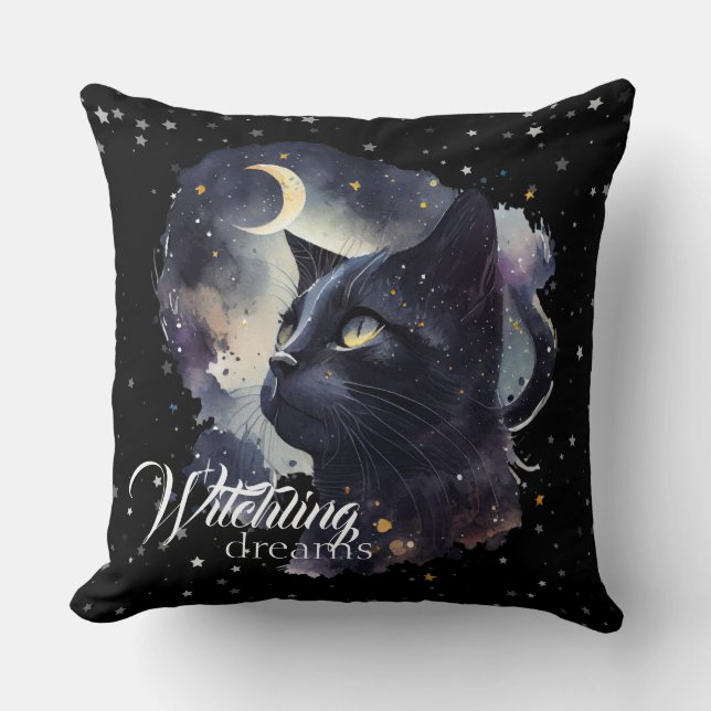 Witchling Dreams Black Cat and Stars Kudde (Framsida)