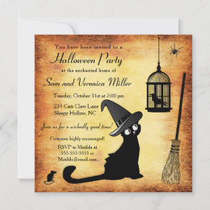 Witch's Cat Halloween fest bjudande Inbjudningar
