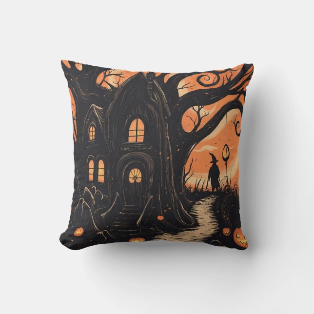 Witch's Cottage Twisted Träd Eerie Halloween Kudde (Framsida)