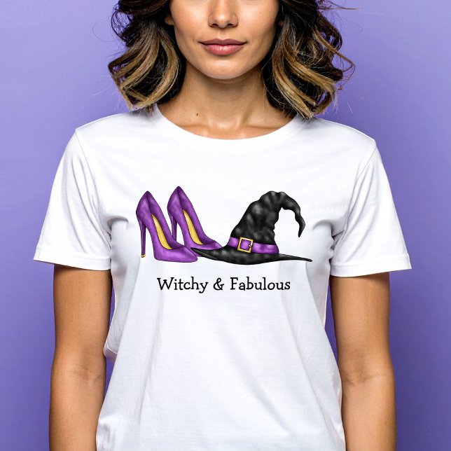 Witchy and Fabulous Hat and Heels Cute Halloween T Shirt (Disclaimer: This image is a digital mockup.)