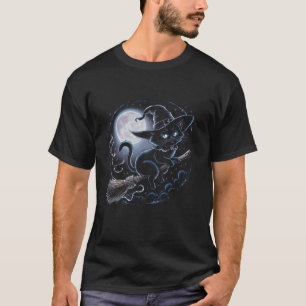 Witchy Black Cat på en Broomstick med full månha T Shirt