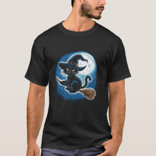 Witchy Black Cat på en Broomstick med full månha T Shirt
