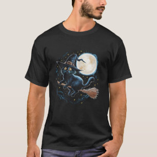Witchy Black Cat på en Broomstick med full månha T Shirt