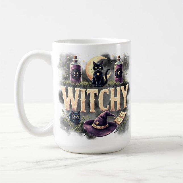 Witchy Cat Halloween Women's Dark Gothic Tshirt Kaffemugg (Vänster)