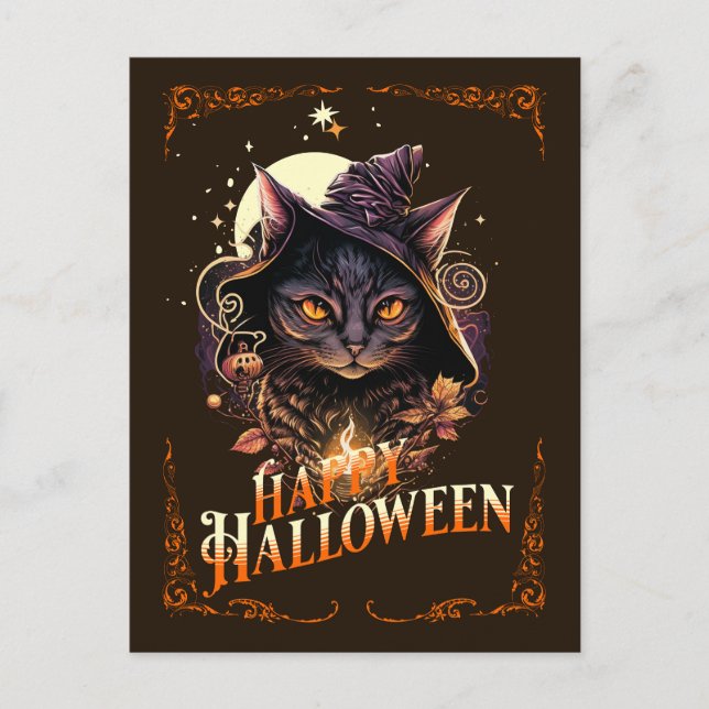 Witchy Cat Önskemål för Halloween-vykort Vykort (Framsida)