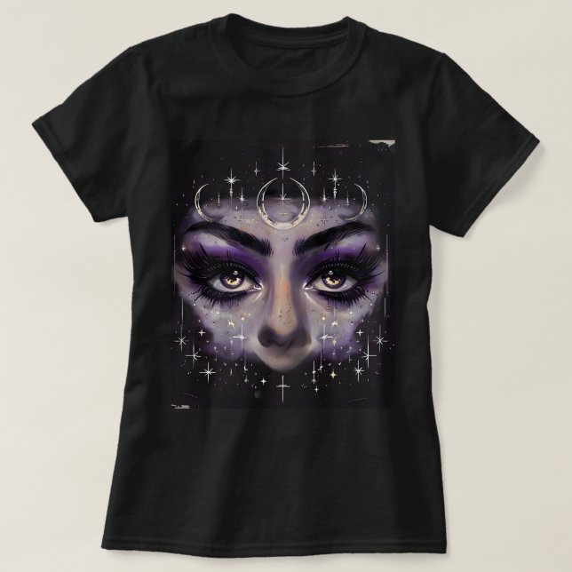 Witchy Cosmic Ögon - Lila Mystical Ansikte T Shirt (Design framsida)