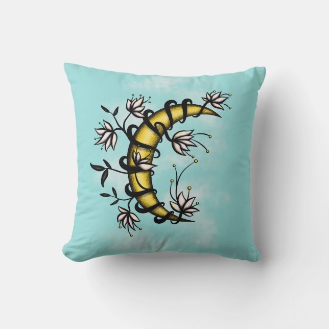 Witchy Crescent Måne Blommigt Wiccan Kudde (Framsida)