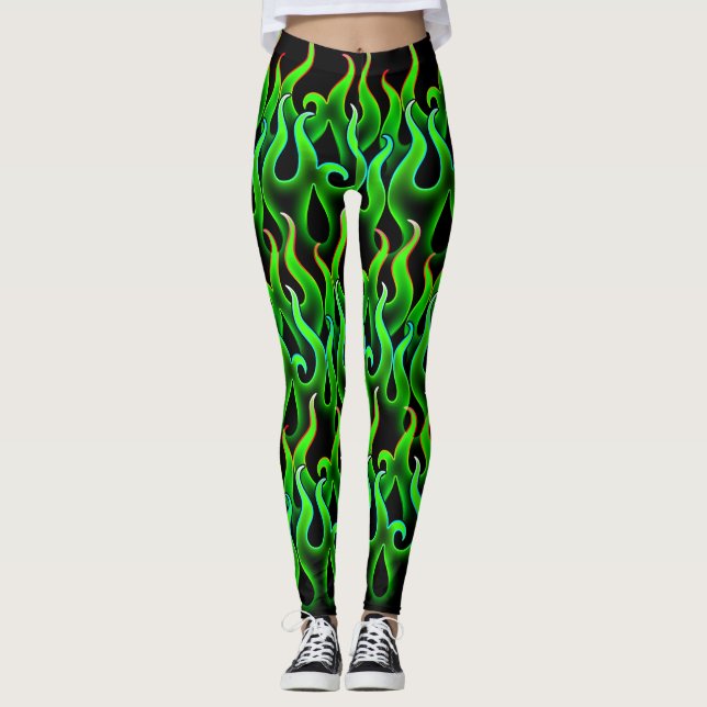 Witchy Grönt Flames Halloween Fire Leggings (Framsida)
