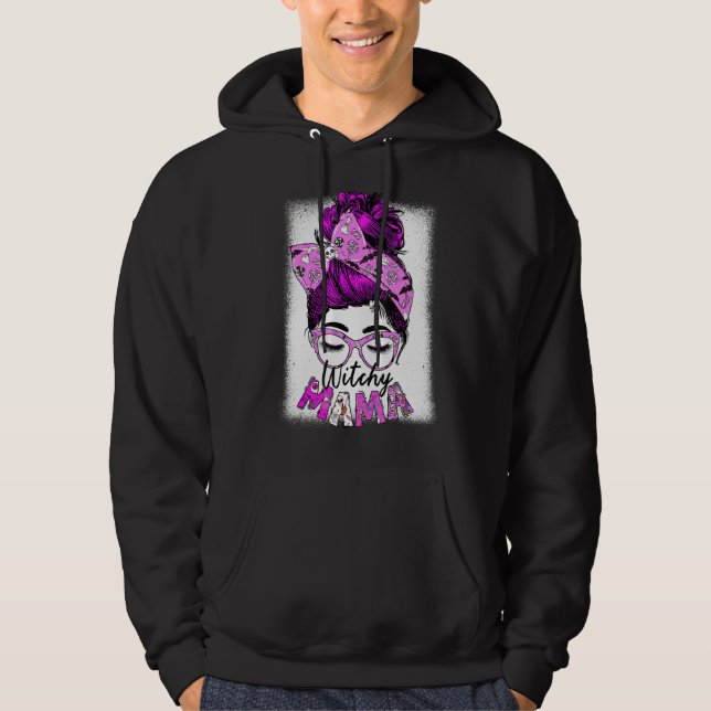 Witchy Mamma Halloween Messy Bun Skull Witch Mamma Hoodie (Framsida)