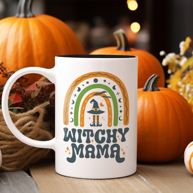 Witchy Mamma Mor Rainbow Groovy Halloween Två-Tonad Mugg (Witchy Mama Mom Mother Rainbow Groovy Halloween Two-Tone Coffee Mug)