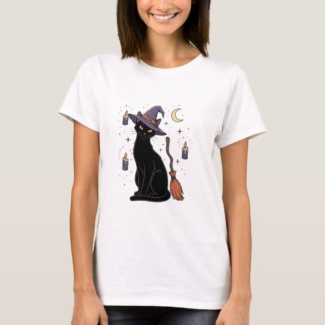 Witchy Meow - Cute Black Cat Witch Halloween Woman T Shirt (Framsida)