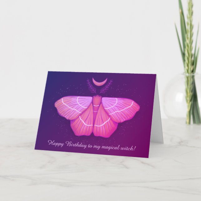 Witchy Moth Måne Lila Magic Insekt Birthday Kort (Framsida)