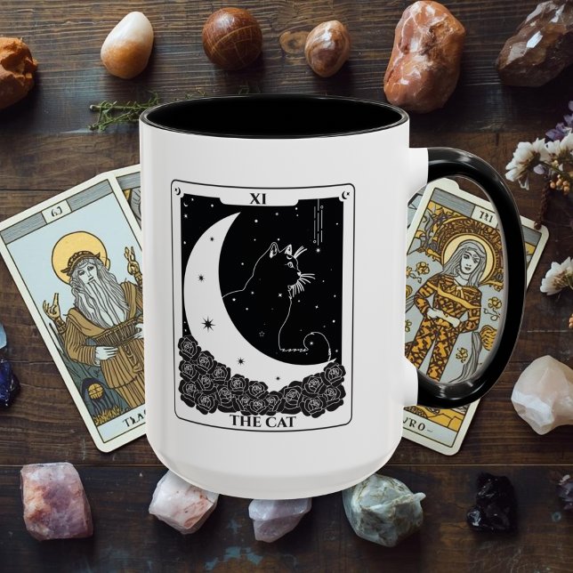 Witchy Mystical Cat Tarot Card Black and White Mug Mugg (Cat Tarot Card Black and White Mug for the witchy, spiritual and psyhic.)