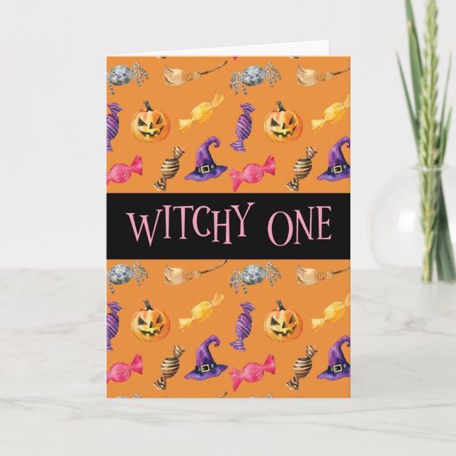 "Witchy One" Orange Halloween Mönster Kort (Framsida)