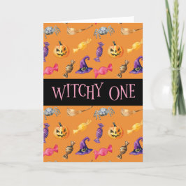 "Witchy One" Orange Halloween Mönster Kort