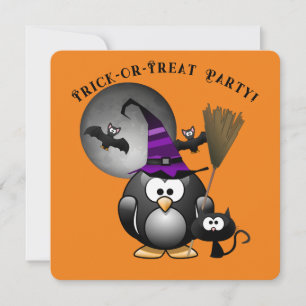 Witchy Penguin med Halloween Scene Inbjudningar
