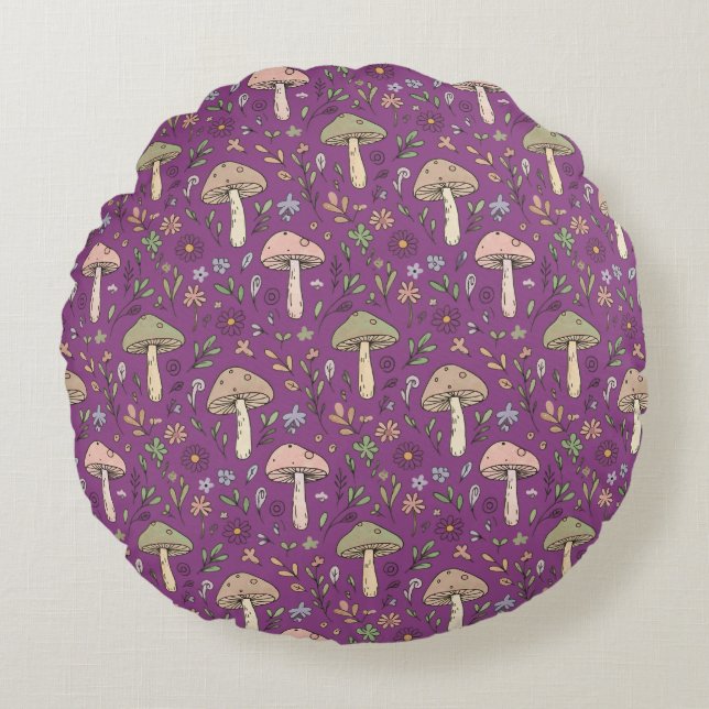 Witchy Plum Purple Fungi Seamless Pattern Gift Rund Kudde (Framsidan)