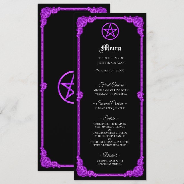 Witchy purple Glow Gothic Wedding Menu Meny (Fram/baksida)
