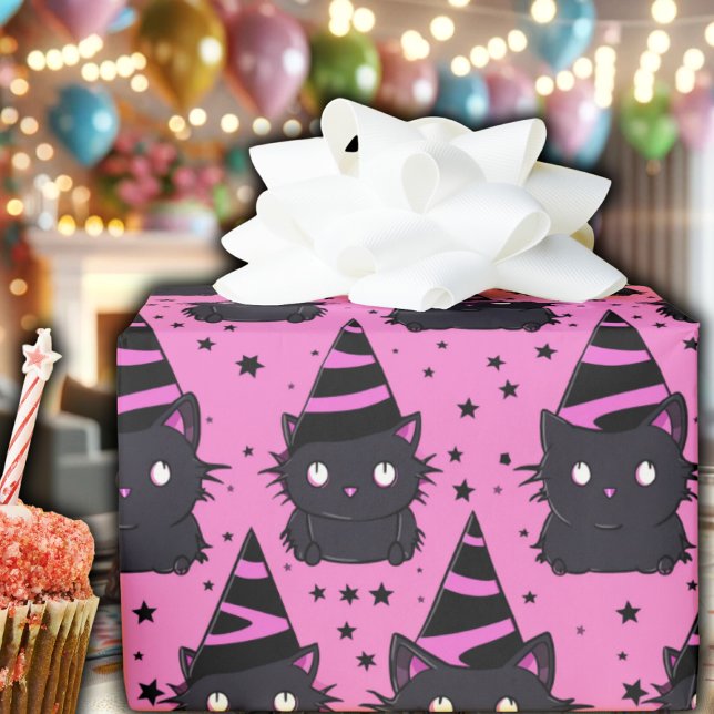 Witchy Rosa Pastel Goth Black Kattunge Birthday Presentpapper (pastel goth hot pink black kitty cat witchy wrapping paper witch cute whimsical witch hat stars)