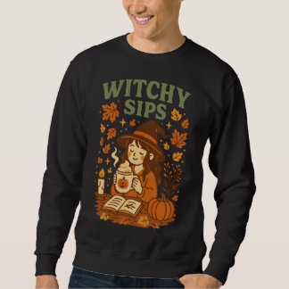 Witchy Sips Halloween T-Shirt | Mysiga kaffekaffe Lång Ärmad Tröja