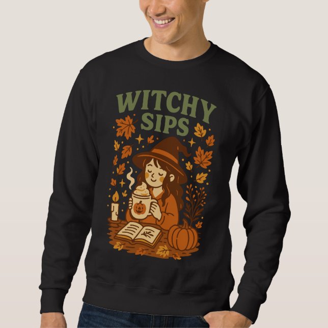 Witchy Sips Halloween T-Shirt | Mysiga kaffekaffe Lång Ärmad Tröja (Framsida)