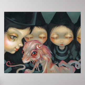 Witchy Sisters the Pet ART PRINT Halloween Dragon Poster
